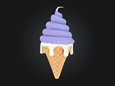 Purple Swirled Ice Cream With Golden Sprinkles And Dripping Cream In Waffle Cone 3d model