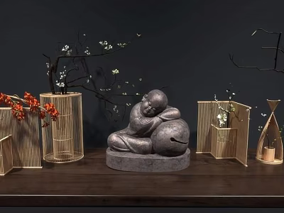 Zen Style Decorative Ornament Set With Stone Monk Statue Bamboo Screens Red Flowers And Hourglass 3d model