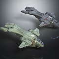 Two Green And Gray Futuristic Sci-Fi Fighter Jets With Advanced Design And Detailed Structure