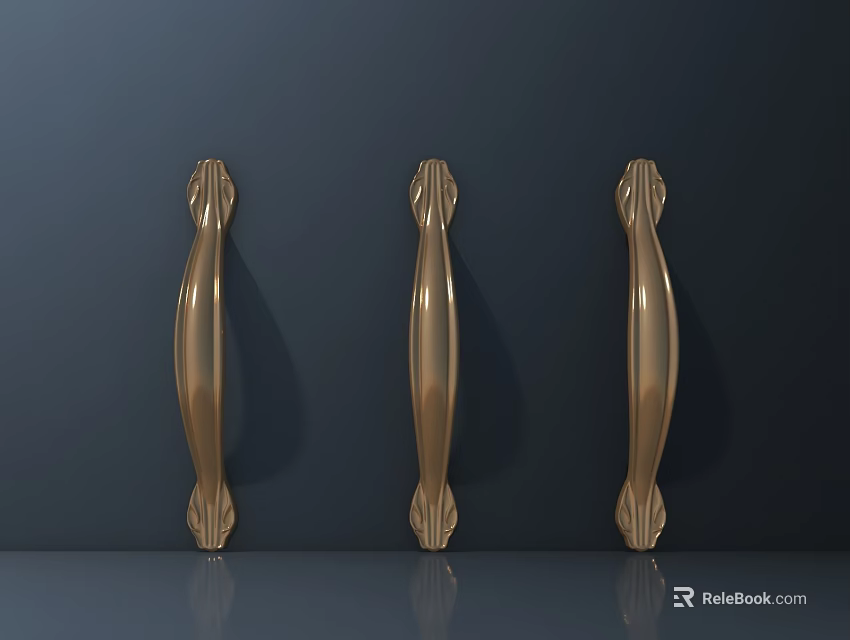 Three Stylish Golden Door Handles With Shiny Finish On Dark Background 3d model 