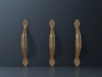 Three Stylish Golden Door Handles With Shiny Finish On Dark Background 3d model