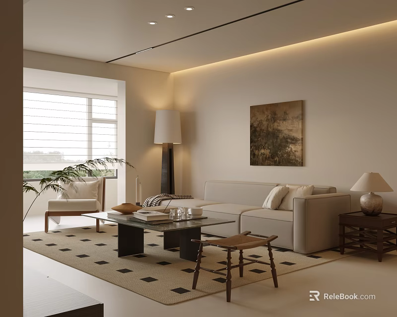 Modern Living Room Interior Design With Sofa Coffee Table Rug And Wall Painting 3d model 