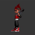 Cartoon Character With Red Spiky Hair Holding Weapon Wearing Stylish Outfit And Red Sneakers