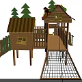 Wooden Playground Play Equipment with Tree House Slide Fence Climbing Net and Decorative Trees