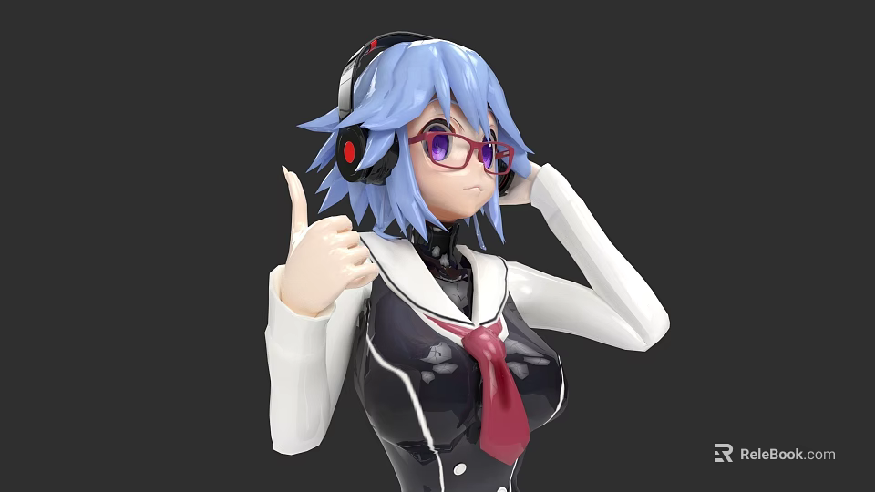 Anime Style Woman With Blue Purple Hair Headphones Purple Glasses Thumbs Up Sailor Uniform 3d model 