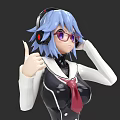 Anime Style Woman With Blue Purple Hair Headphones Purple Glasses Thumbs Up Sailor Uniform