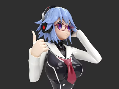 Anime Style Woman With Blue Purple Hair Headphones Purple Glasses Thumbs Up Sailor Uniform 3d model