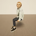 Blonde Young Boy Sitting On Floor In Light Shirt Dark Pants Black Shoes Light Background