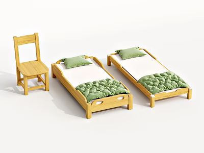 Two Wooden Kids Beds with Green Pillows and Mattresses and Side Wooden Chair 3d model