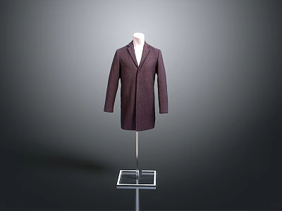 Dark Purple Coat Displayed On White Mannequin With Metal Stand And Gray Background 3d model