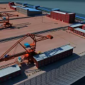 Spacious Industrial Plant Area With Red Cranes Blue Sky Water View And Rail Tracks