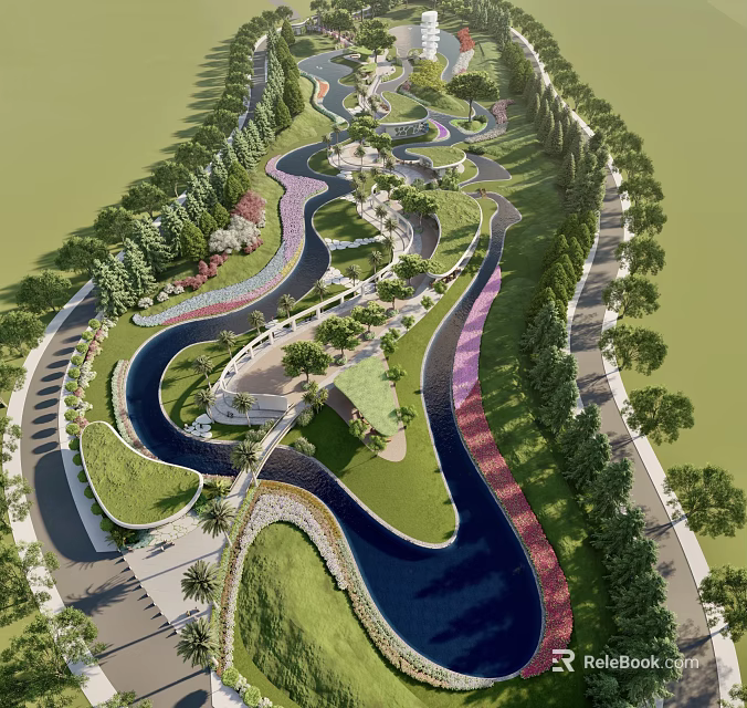 Scenic Park Landscape With Curved River Green Lawns And Winding Paths 3d model 