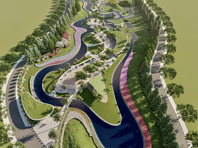 Scenic Park Landscape With Curved River Green Lawns And Winding Paths 3d model