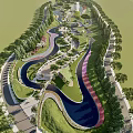 Scenic Park Landscape With Curved River Green Lawns And Winding Paths