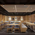 Chinese Style Restaurant Interior Design With Wooden Tables Blue Cushions And Wall Decorations