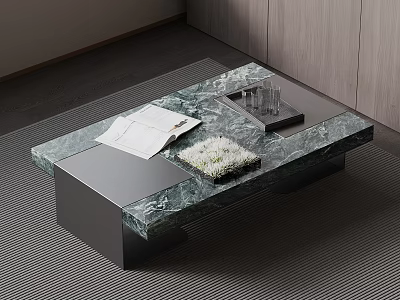 Modern Marble Coffee Table With Black Metal Frame And Decorative Items On Top 3d model