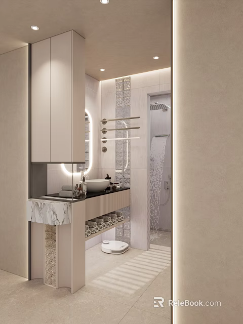 Elegant Modern Bathroom Interior Design With Marble Countertop Mirror And Shower Area 3d model 