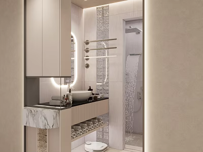 Elegant Modern Bathroom Interior Design With Marble Countertop Mirror And Shower Area 3d model