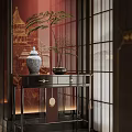 Chinese Style Console Table With Ceramic Vase Potted Plant And Lattice Window Decor 3d model
