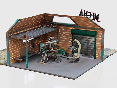 Small Functional Public Office Area With Brick Walls Upper Platform Workbench Tools Ladder And Fan 3d model