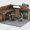 Small Functional Public Office Area With Brick Walls Upper Platform Workbench Tools Ladder And Fan
