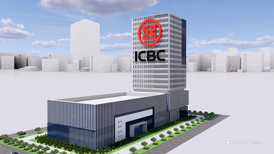 Modern ICBC Bank Building Architectural Design In Urban Setting With Glass Facade 3d model 