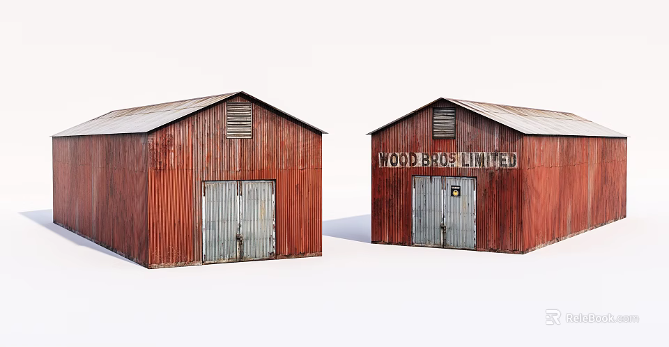 Red Wooden Sheds With Metal Roof And Wood Bros Limited Sign 3d model 