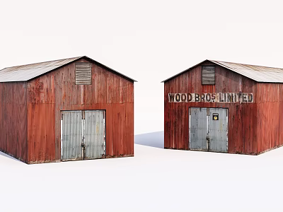 Red Wooden Sheds With Metal Roof And Wood Bros Limited Sign 3d model