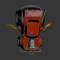 Red Custom Muscle Car With Venom Logo Flame Graphics Exposed Engine And Wheel Flames