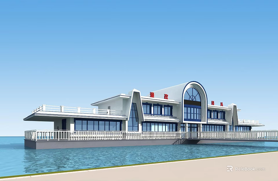 Scenic Waterfront Modern Architecture With Glass Windows And Blue Sky Over Calm Water 3d model 