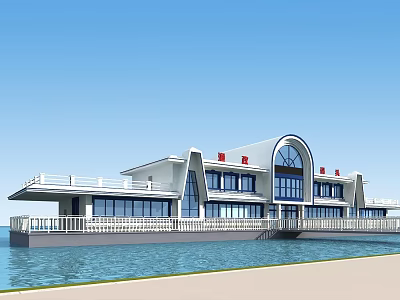 Scenic Waterfront Modern Architecture With Glass Windows And Blue Sky Over Calm Water 3d model