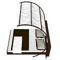 Wooden Double Bed With Arched Canopy White Fabric Pillows And Brown White Mattress