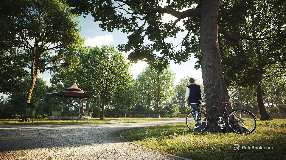 Garden Landscape With Tall Trees Person Leaning Against Tree Bicycle And Sunlit Pavilion Path 3d model 