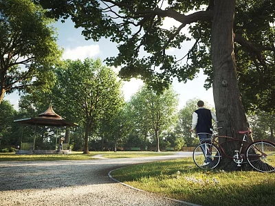 Garden Landscape With Tall Trees Person Leaning Against Tree Bicycle And Sunlit Pavilion Path 3d model
