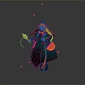 Traditional Woman In Green Hooded Robe Holding Lantern And Stringed Instrument With Falling Yellow Petals