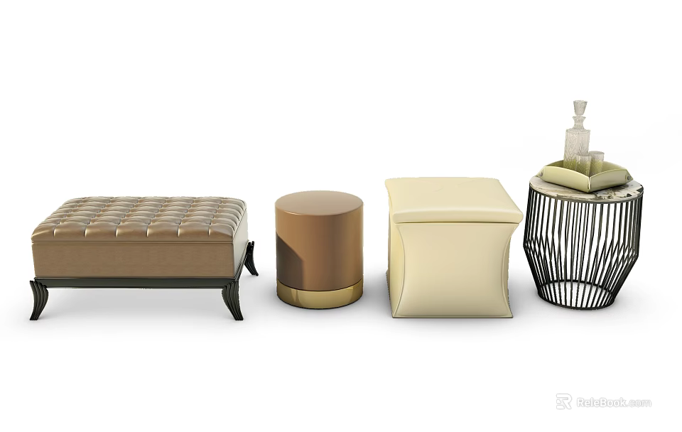 Tufted Woven and Metallic Base Ottoman Stools in Rectangular Round and Square Designs 3d model 