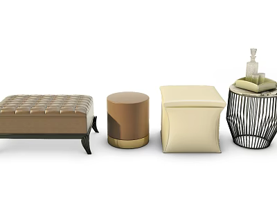 Tufted Woven and Metallic Base Ottoman Stools in Rectangular Round and Square Designs 3d model