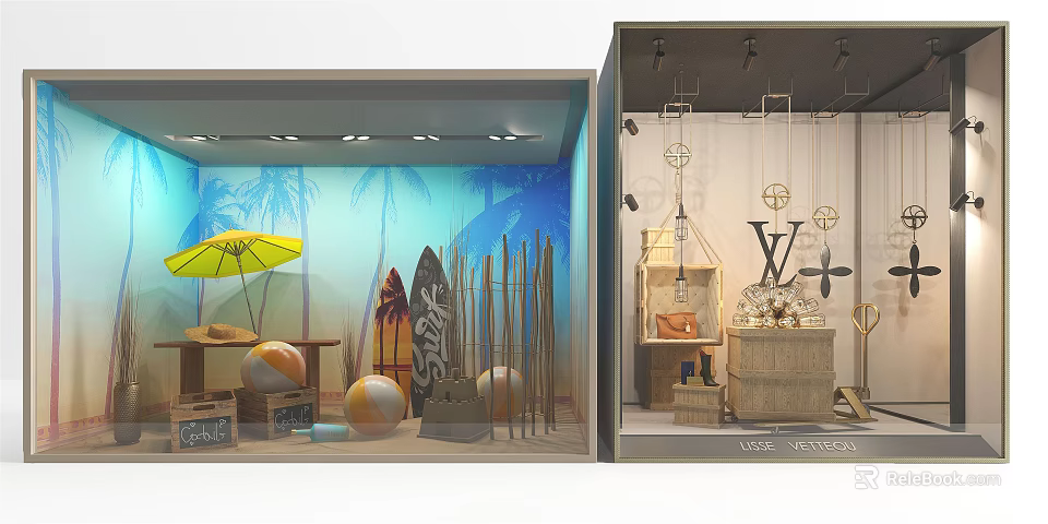 Beach Themed Store Window Display With Palm Trees Yellow Umbrella Surfboards And Beach Balls 3d model 