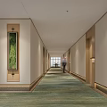 Modern Elevator Hallway With Green Carpet Decorative Art Recessed Lighting And Textured Walls