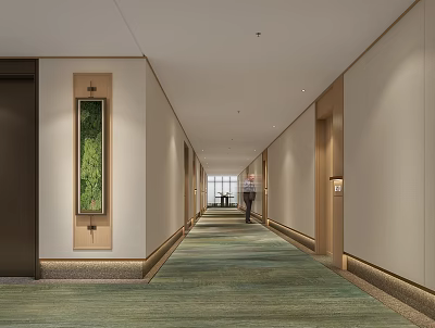 Modern Elevator Hallway With Green Carpet Decorative Art Recessed Lighting And Textured Walls 3d model