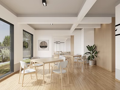 Modern Lounge Area Interior With Wooden Floors Large Windows And Green Plants 3d model