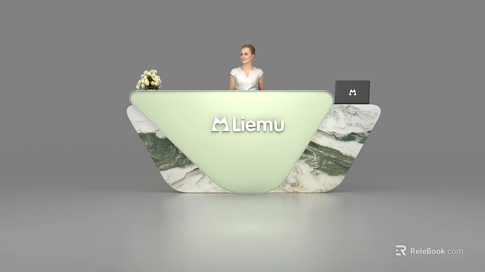 Light Green Reception Desk With Marble Texture Laptop Flower Vase And Liemu Logo 3d model 