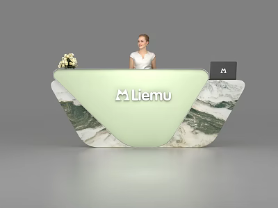 Light Green Reception Desk With Marble Texture Laptop Flower Vase And Liemu Logo 3d model