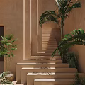Tropical Staircase Design With Earth Toned Walls And Lush Green Plants