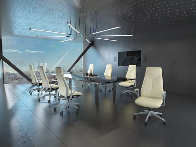 White Office Chairs In Modern Meeting Room With Black Long Table And City View 3d model