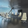 White Office Chairs In Modern Meeting Room With Black Long Table And City View