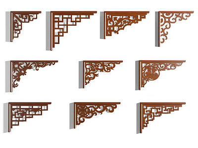Carved Wooden Corner Decorations With Intricate Chinese Style Lines Design 3d model