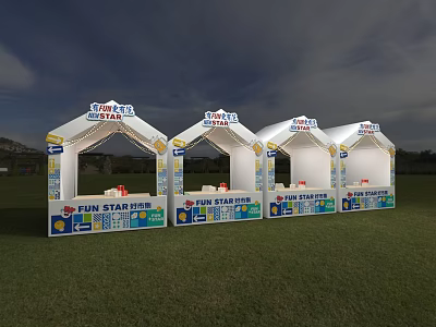 Three White Tent Like Booths For Fun Starfest On Grass Field With Blue Yellow Decorations 3d model