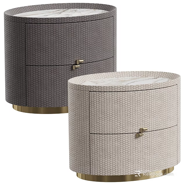 Modern Round Bedside Tables With Woven Texture And Gold Hardware Details 3d model 
