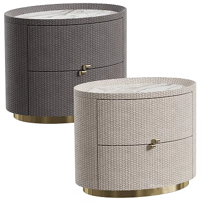 Modern Round Bedside Tables With Woven Texture And Gold Hardware Details 3d model